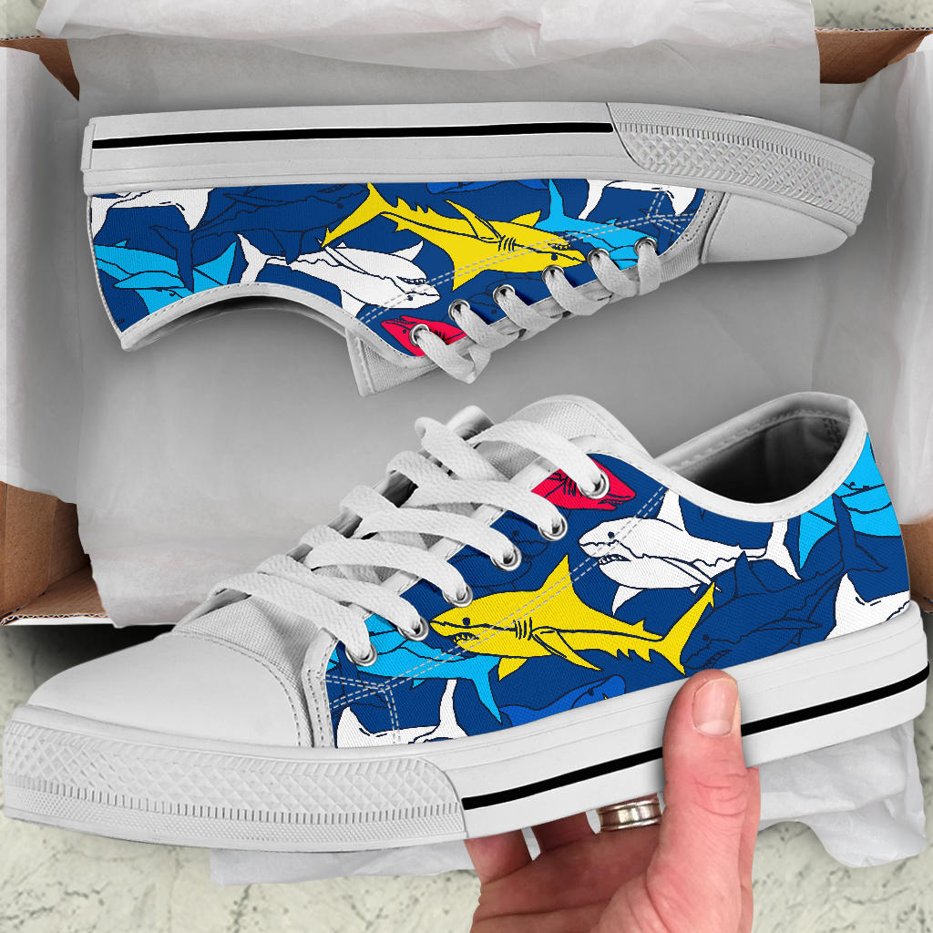 Shark Color Pattern White Bottom Low Top Shoes