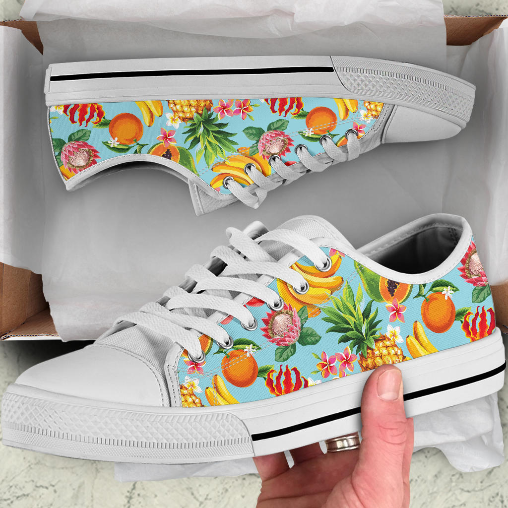 Tropical Fruits Pattern Print Design TF01 White Bottom Low Top Shoes
