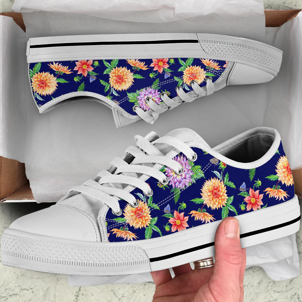 Dahlia Pattern Print Design DH010 White Bottom Low Top Shoes