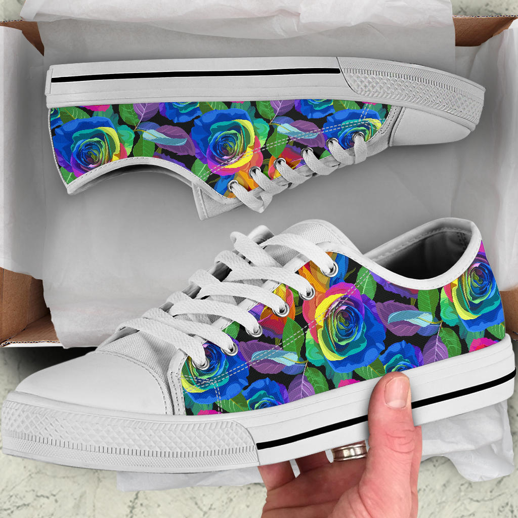 Rose Pattern Print Design RO02 White Bottom Low Top Shoes