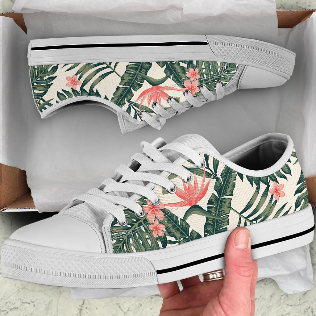 Tropical Flower Palm Leaves White Bottom Low Top Shoes