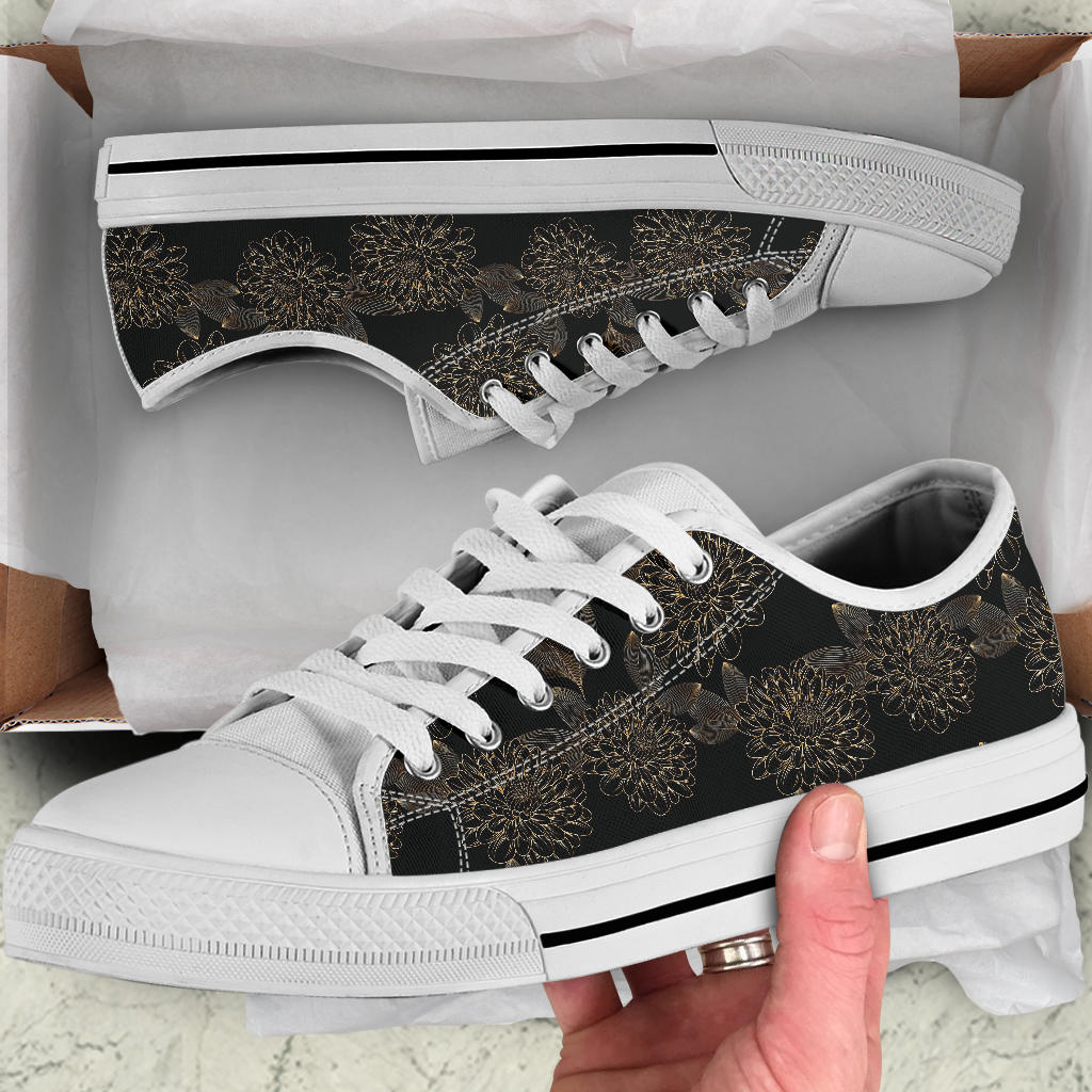 Dahlia Pattern Print Design DH04 White Bottom Low Top Shoes