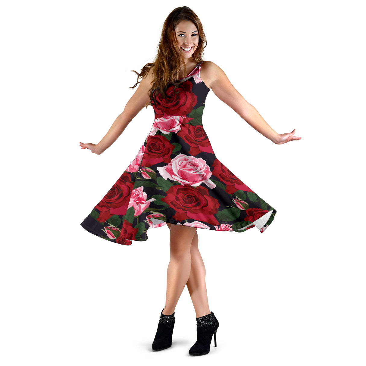 Rose Red Pink Pattern Print Design RO01 Midi Dress