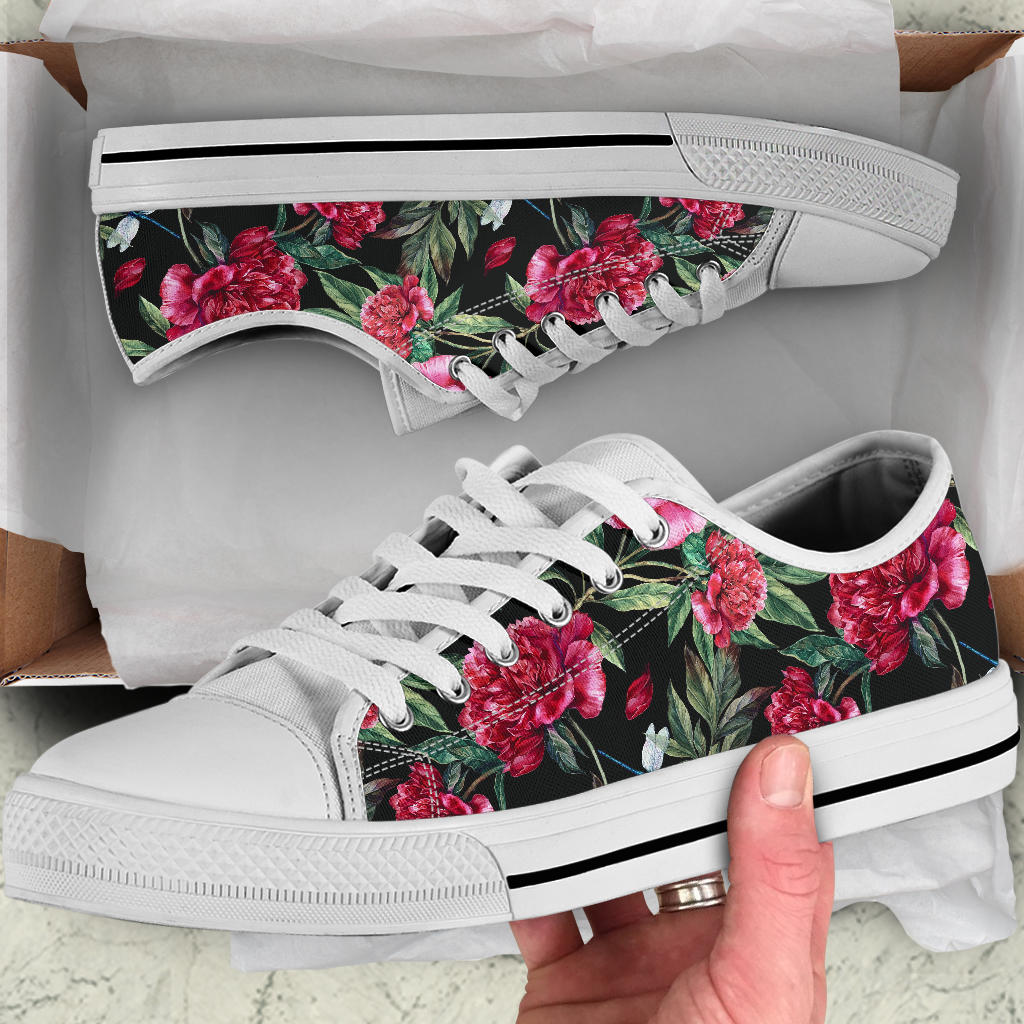 Peony Pattern Print Design PE04 White Bottom Low Top Shoes
