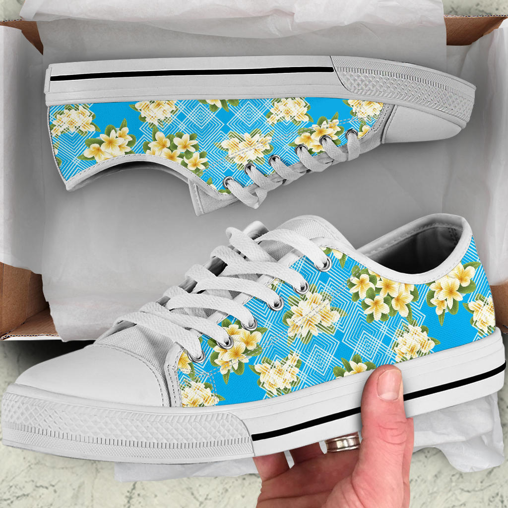 Yellow Plumeria Design Print Pattern White Bottom Low Top Shoes