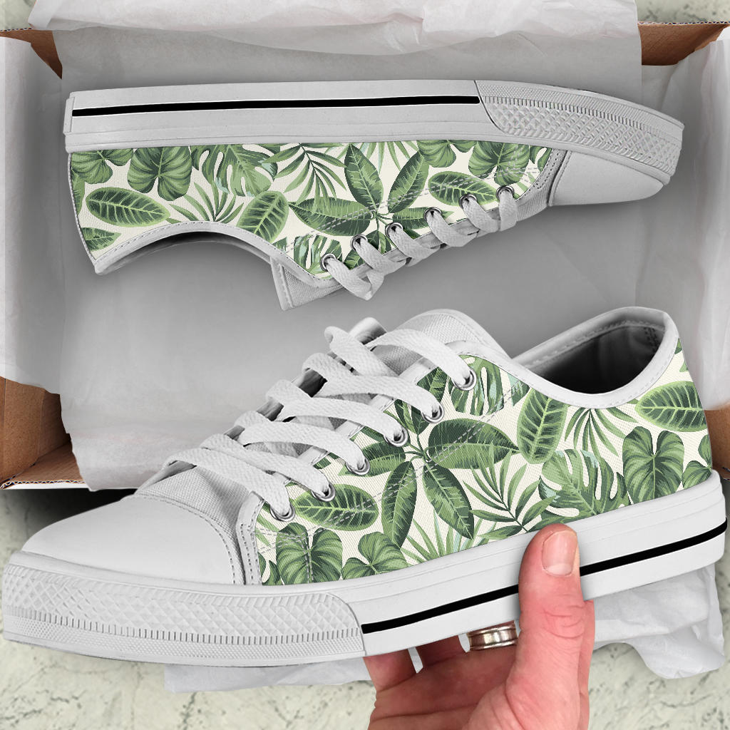 Palm Leaves Pattern Print Design PL014 White Bottom Low Top Shoes