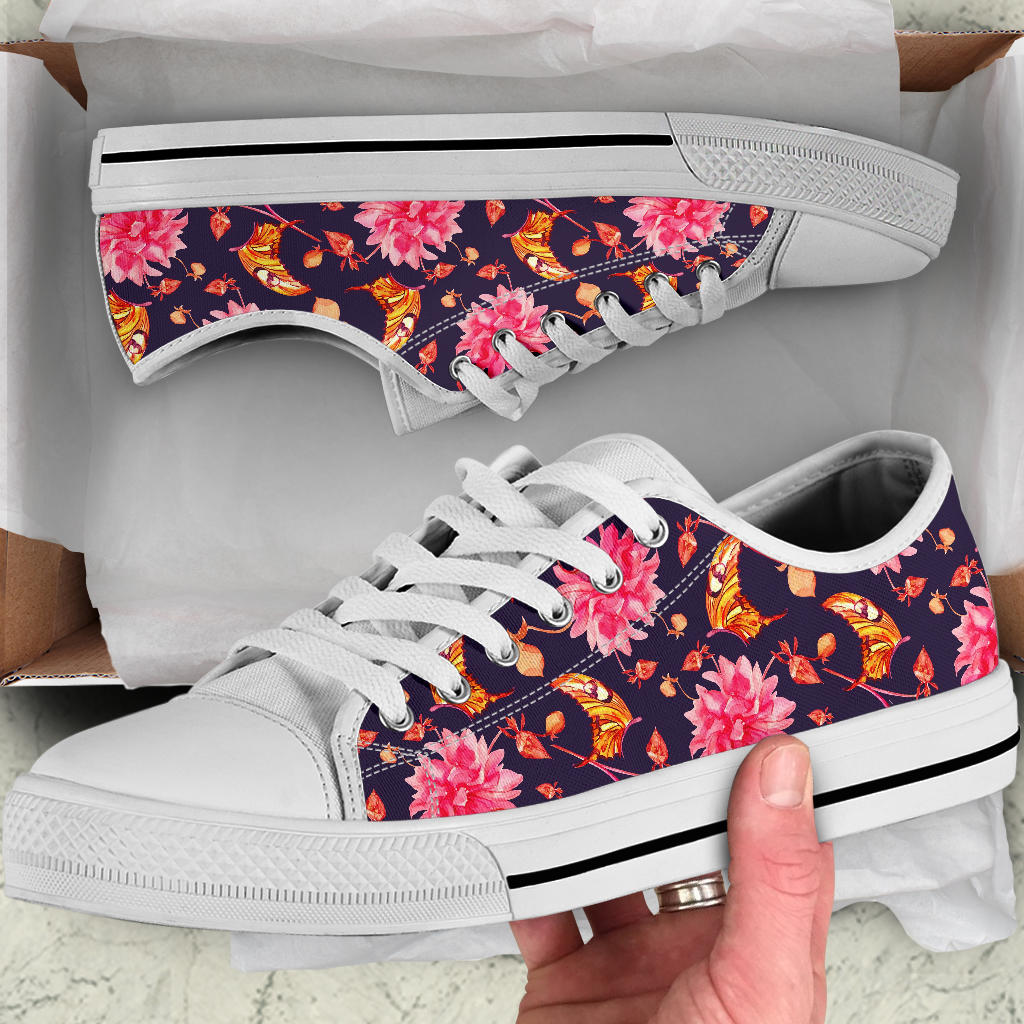 Dahlia Pattern Print Design DH03 White Bottom Low Top Shoes