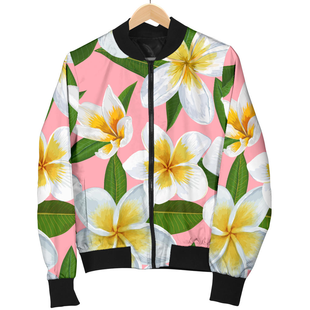 White Plumeria Pattern Print Design PM011 Women Bomber Jacket