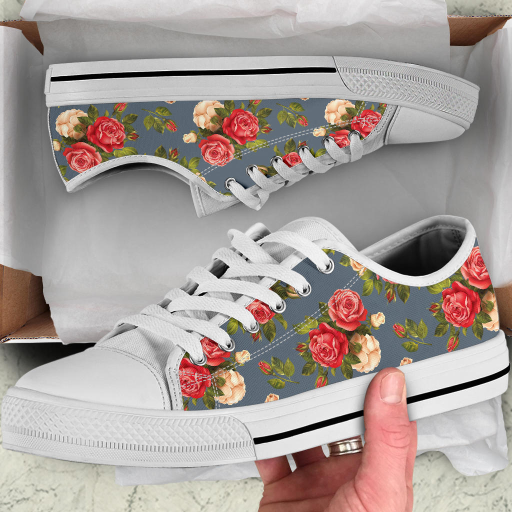 Rose Pattern Print Design RO017 White Bottom Low Top Shoes