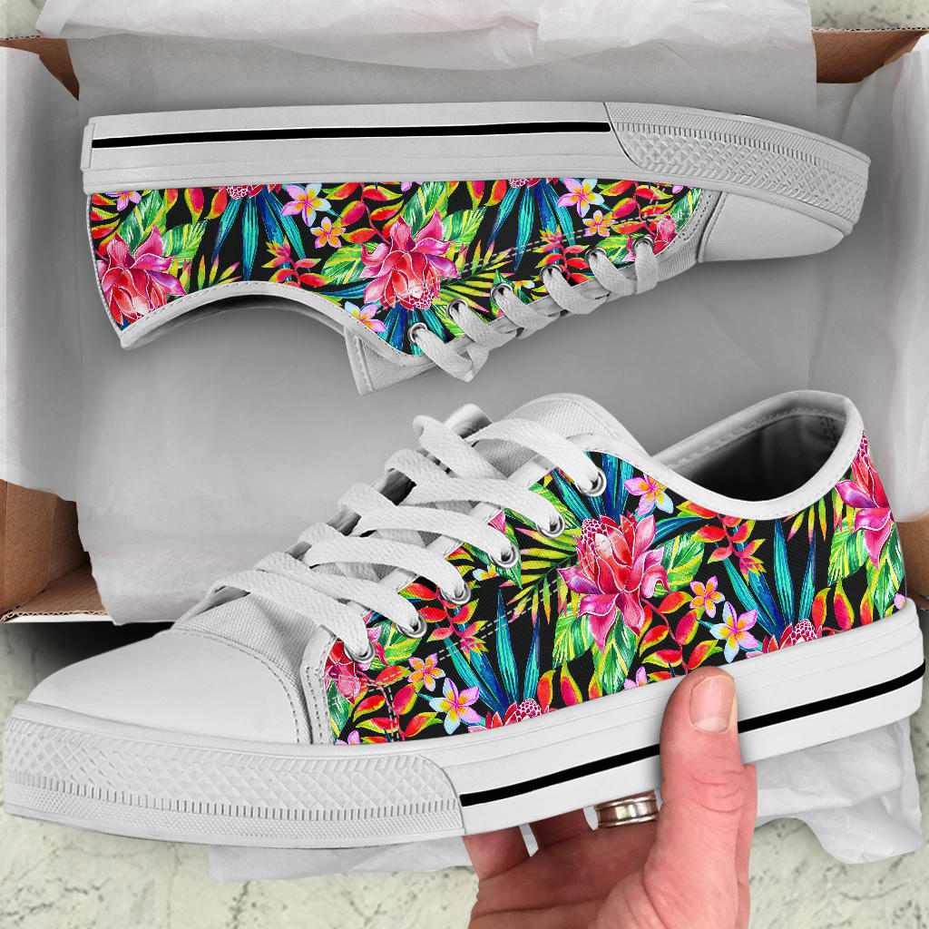 Heliconia Pattern Print Design HL02 White Bottom Low Top Shoes