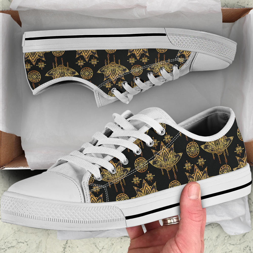 lotus Boho Pattern Print Design LO03 White Bottom Low Top Shoes