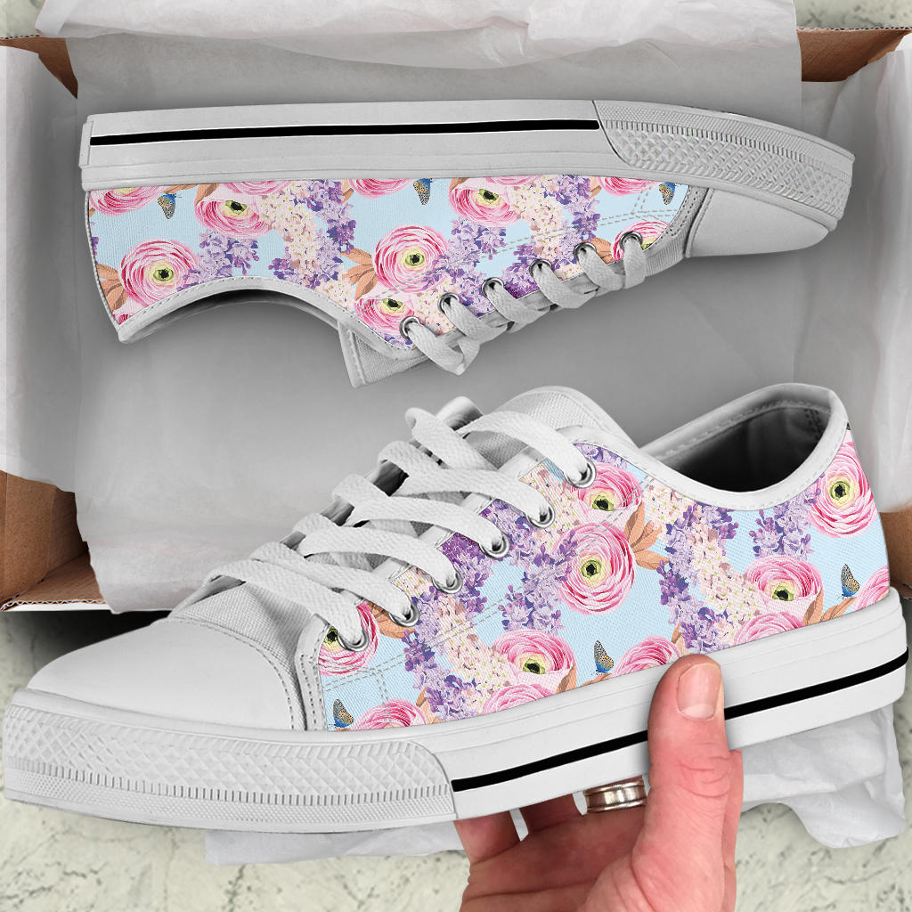 Lilac Pattern Print Design LI03 White Bottom Low Top Shoes