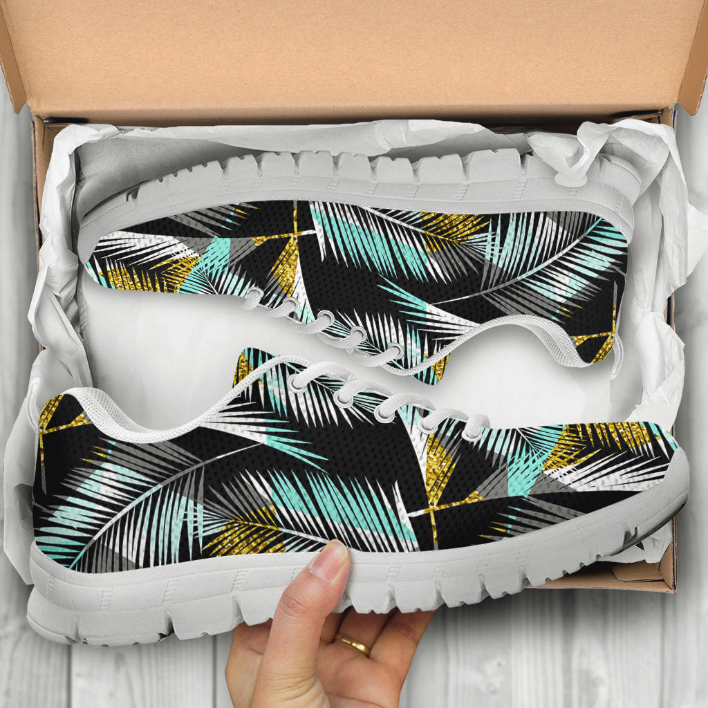 Gold Glitter Cyan Tropical Palm Leaves Sneakers White Bottom Shoes