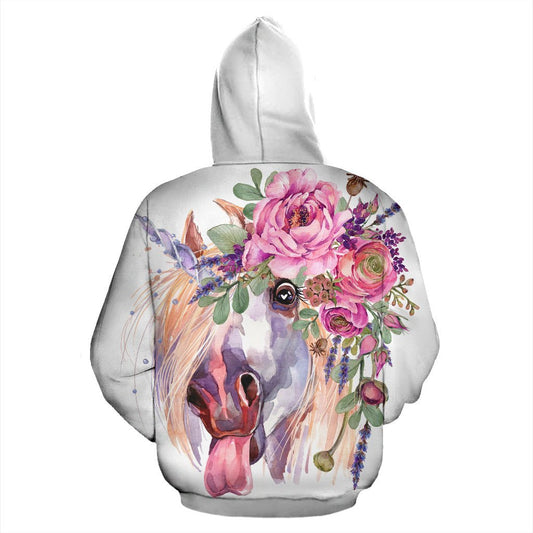 Funny Floral White Horse Women Men Zip Up Hoodie
