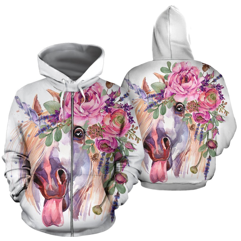 Funny Floral White Horse Women Men Zip Up Hoodie