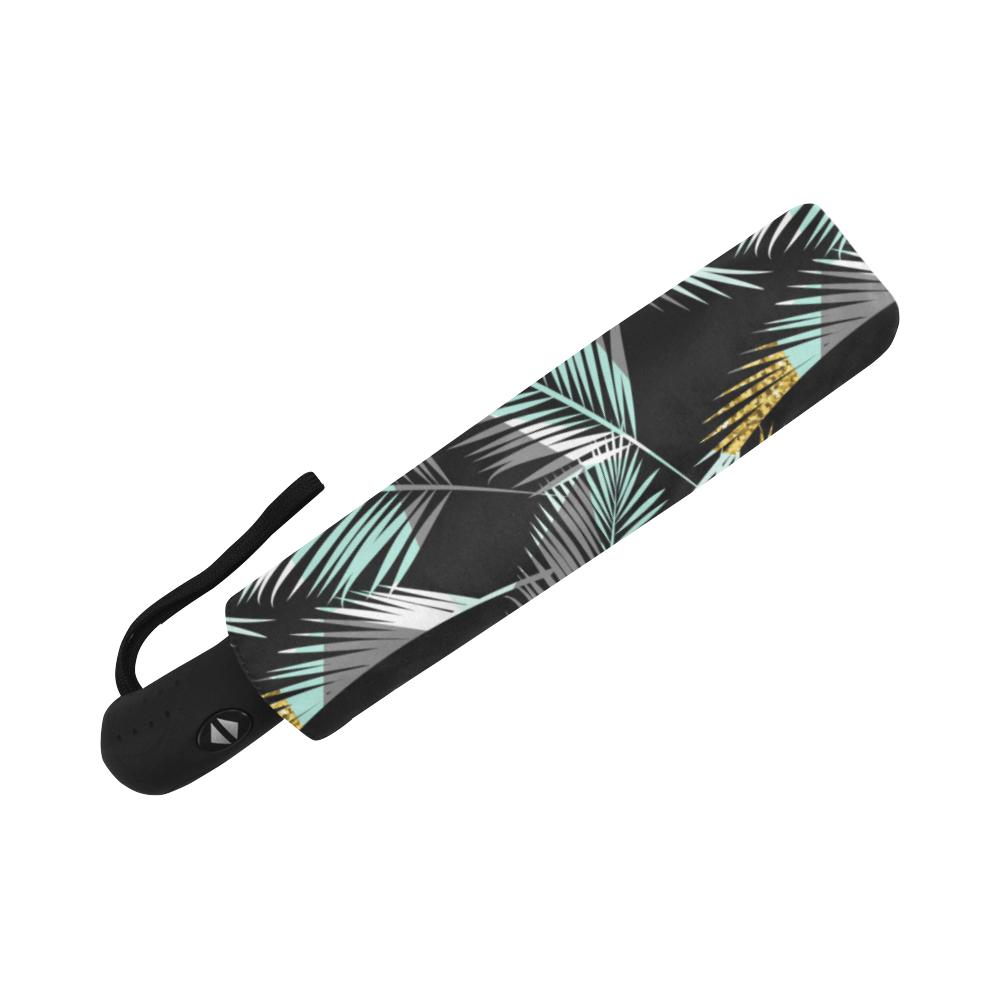 Gold Glitter Cyan Tropical Palm Automatic Foldable Umbrella