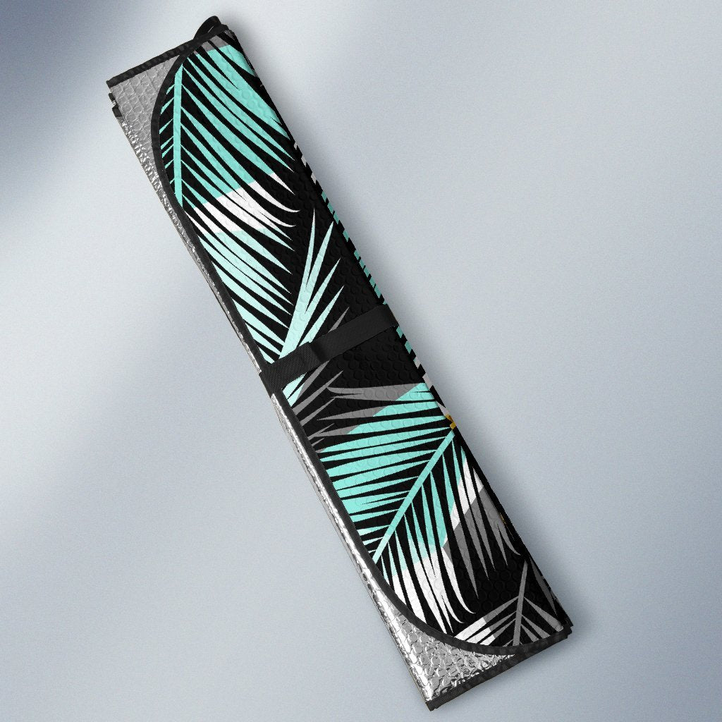 Gold Glitter Cyan Tropical Palm Leaves Car Sun Shade-JorJune