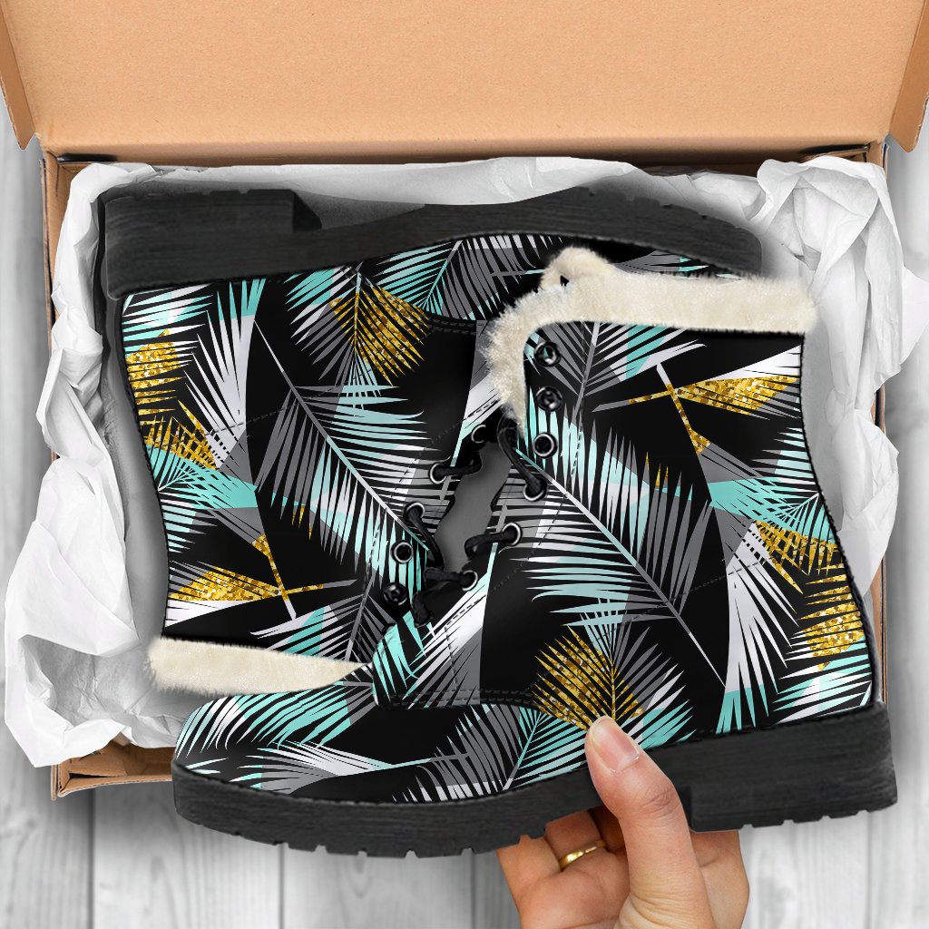 Gold Glitter Cyan Tropical Palm Leaves Faux Fur Leather Boots