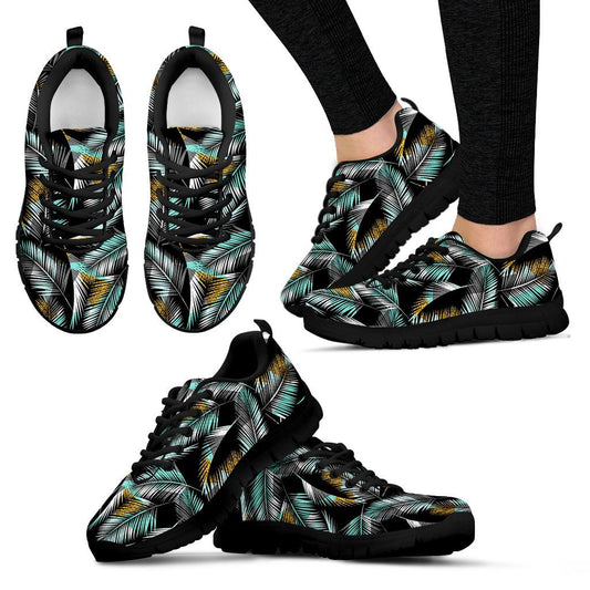 Gold Glitter Cyan Tropical Palm Leaves Women Sneakers