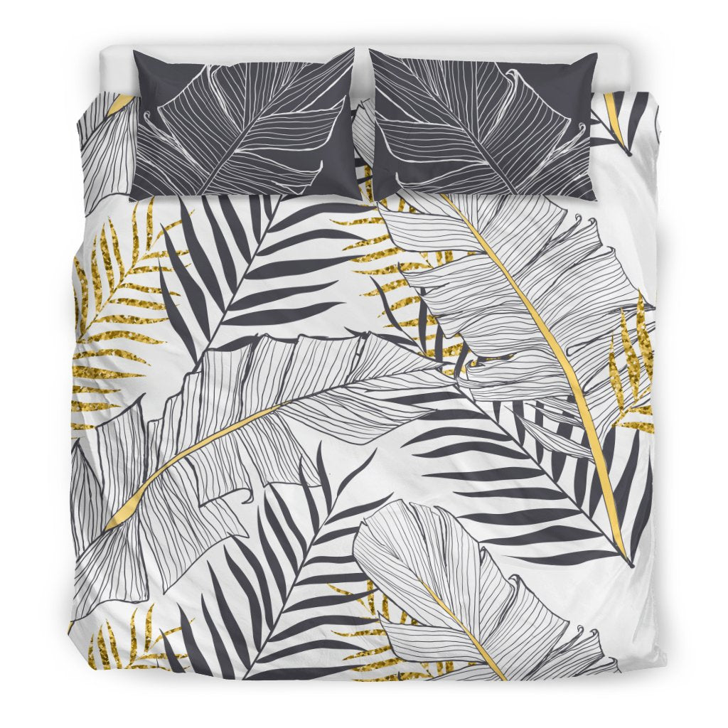 Gold Glitter Tropical Palm Leaves Duvet Cover Bedding Set