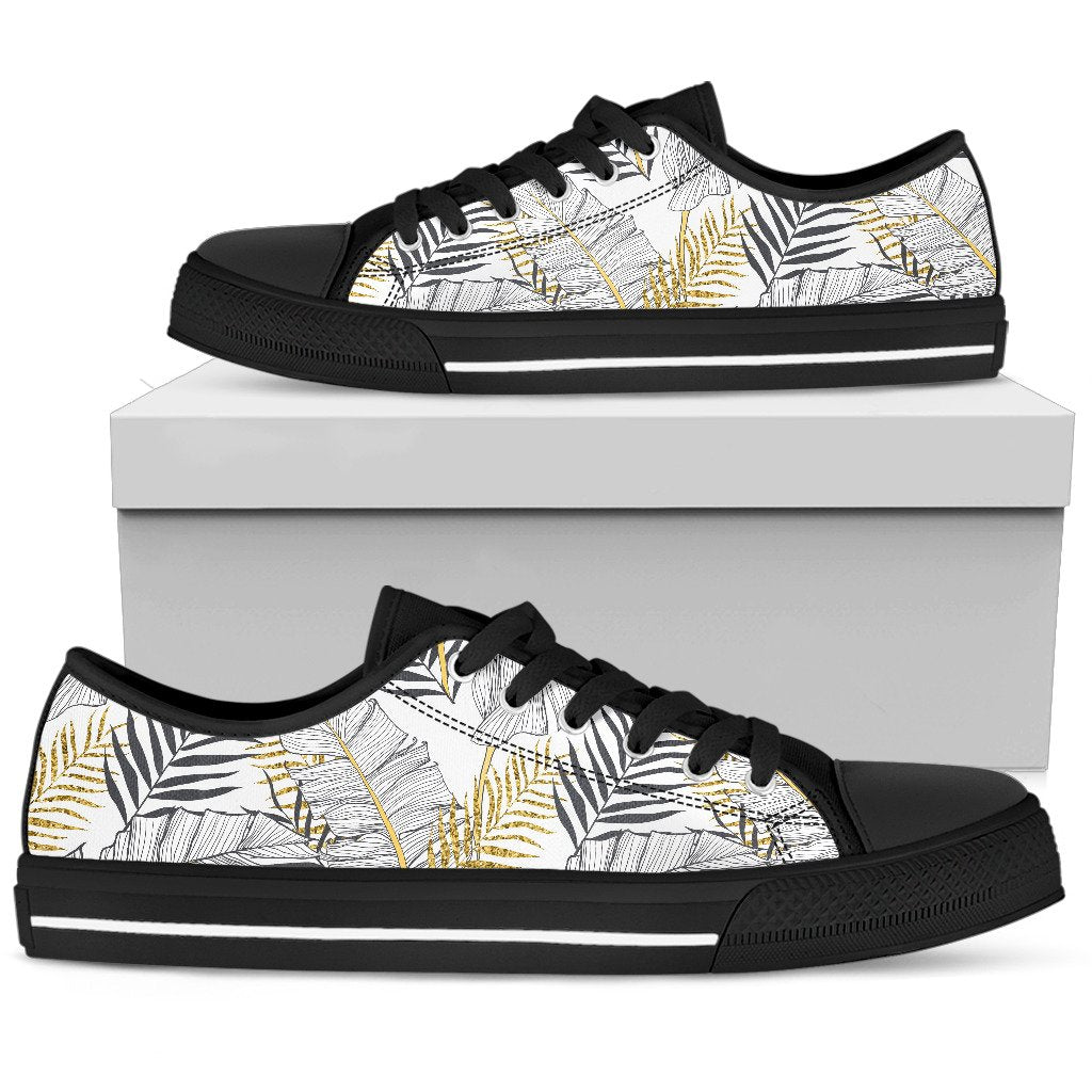 Gold Glitter Tropical Palm Leaves Men Low Top Canvas Shoes