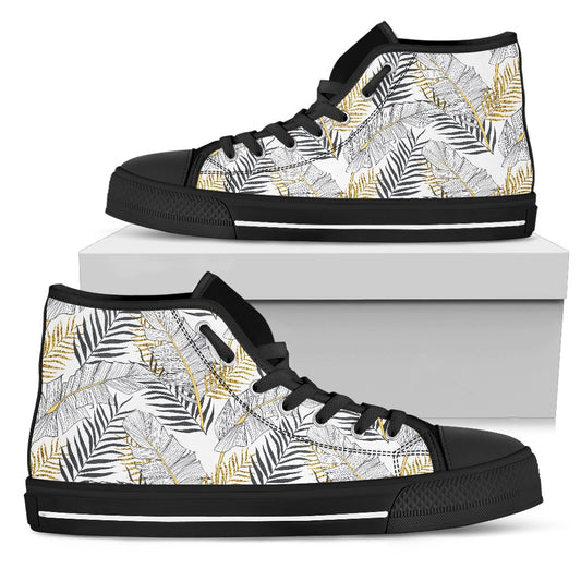 Gold Glitter Tropical Palm Leaves Women High Top Canvas Shoes