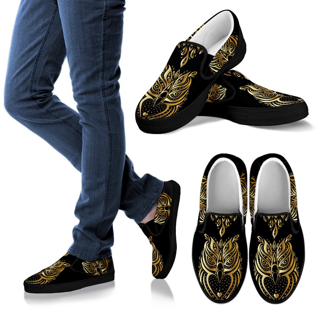 Gold Ornamental Owl Women Canvas Slip On Shoes