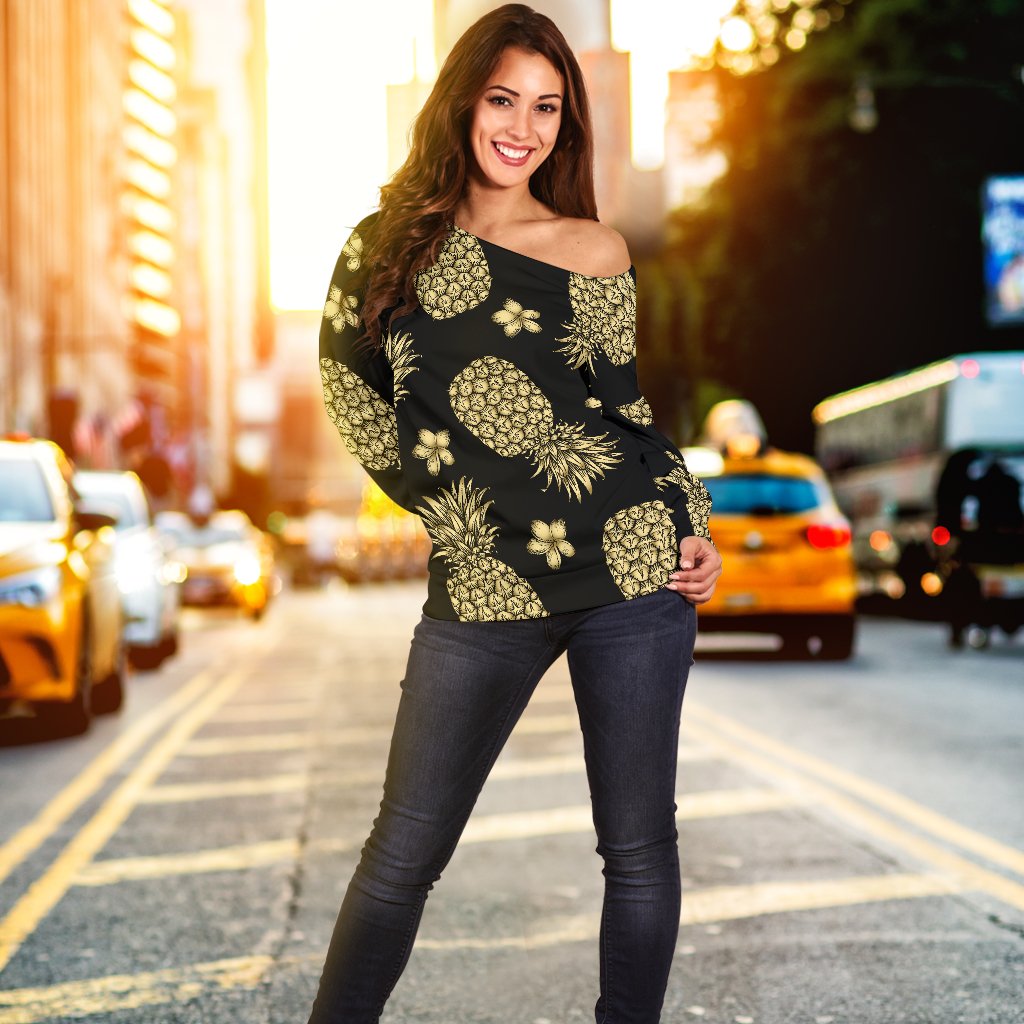 Gold Pineapple Hibiscus Off Shoulder Sweatshirt