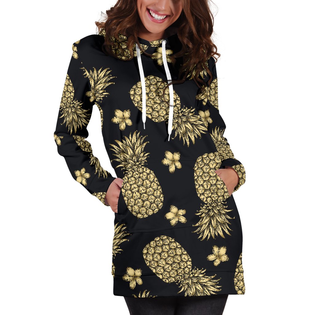 Gold Pineapple Hibiscus Women Hoodie Dress