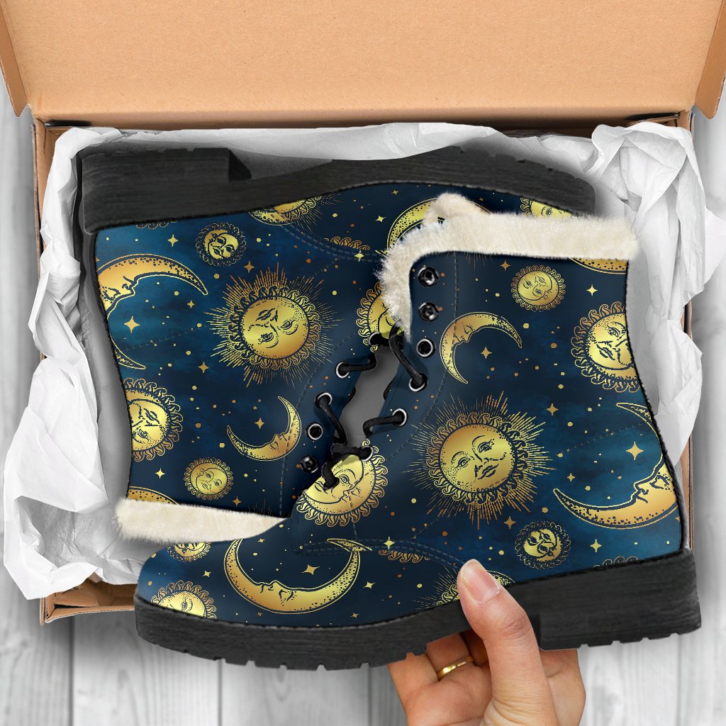 Gold Sun Moon Face Faux Fur Leather Boots