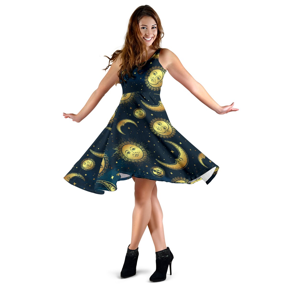 Gold Sun Moon Face Sleeveless Mini Dress