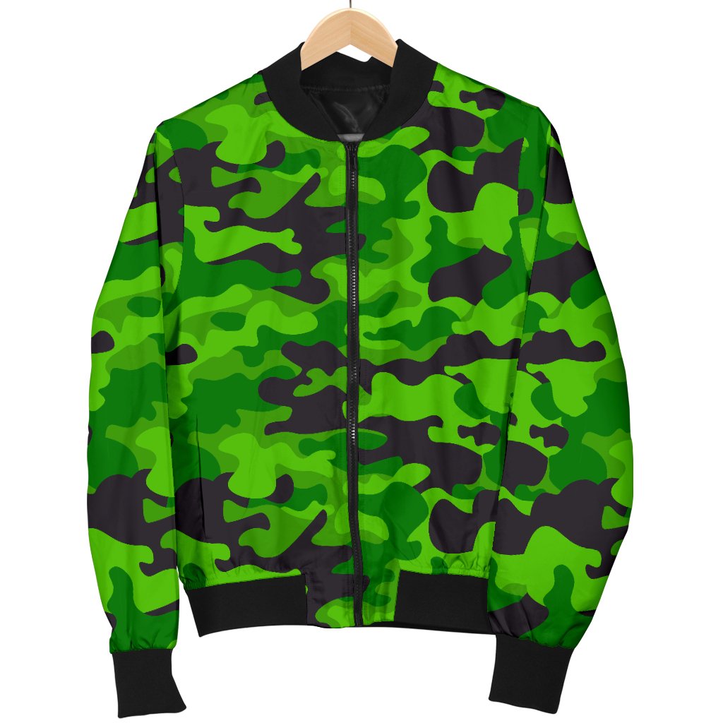 Green Kelly Camo Print Women Casual Bomber Jacket