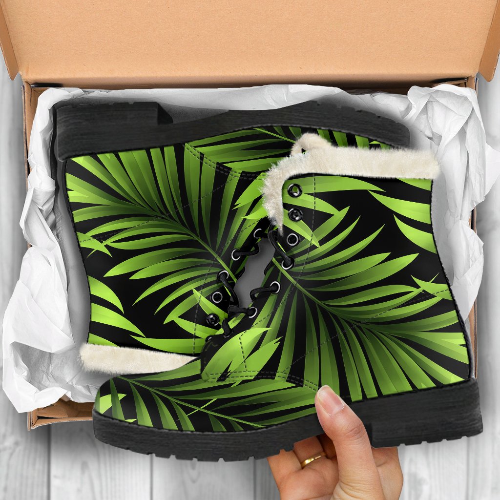 Green Neon Tropical Palm Leaves Faux Fur Leather Boots