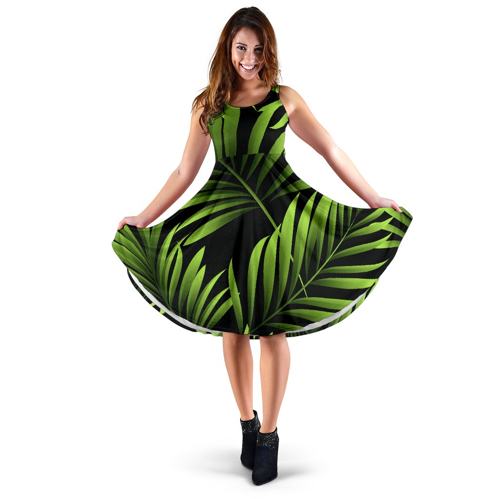 Green Neon Tropical Palm Leaves Midi Dress JorJune Green Neon Tropical Palm Leaves Midi Dress JorJune