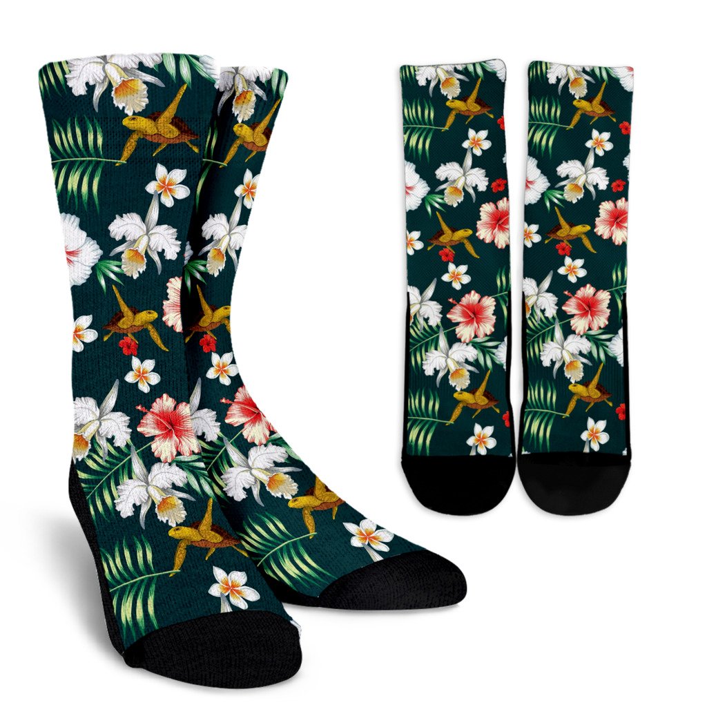 Hawaiian Flower Design with SeaTurtle Print Crew Socks-JORJUNE.COM