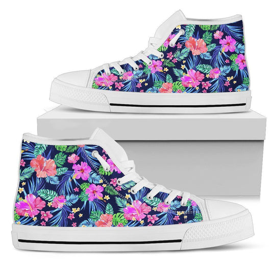 Hawaiian Tropical Hibiscus Neon Women High Top Canvas Shoes