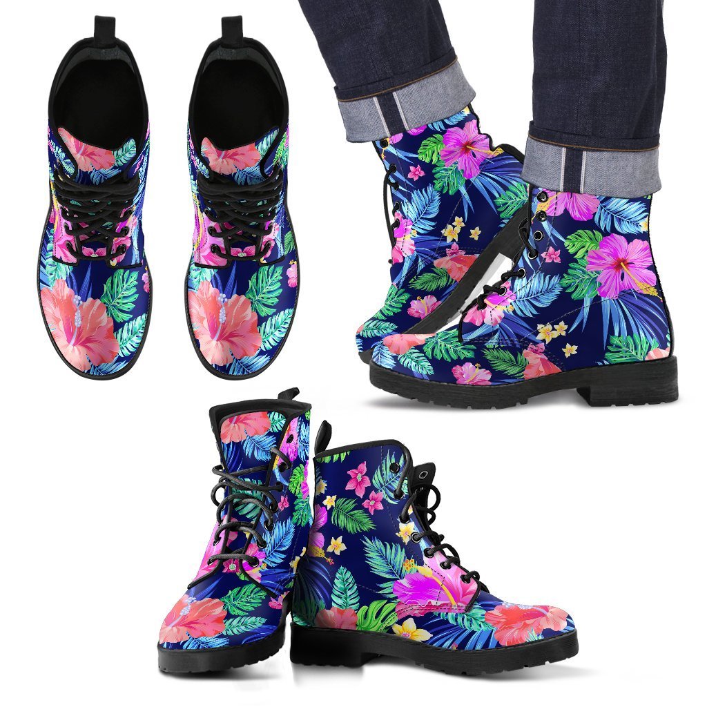 Hawaiian Tropical Hibiscus Neon Women & Men Leather Boots