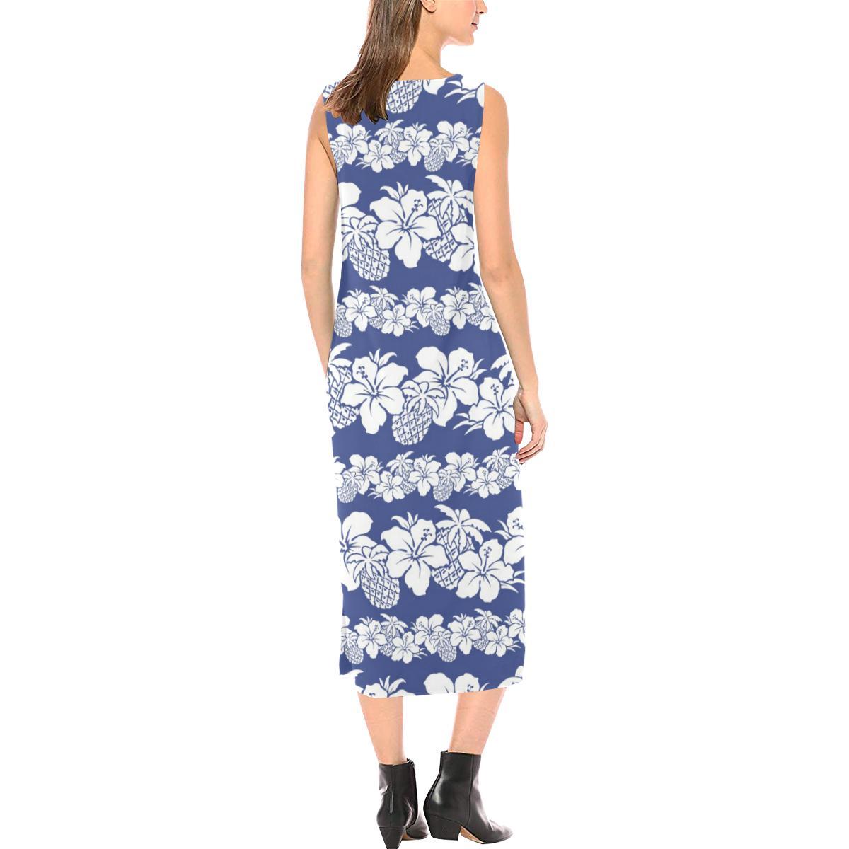 Hawaiian Themed Pattern Print Design H07 Sleeveless Open Fork Long Dress