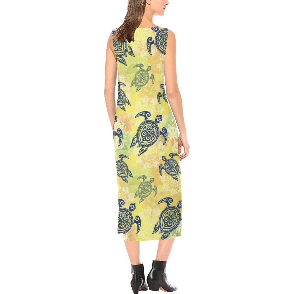 Hawaiian Turtle Tribal Design Print Sleeveless Open Fork Long Dress