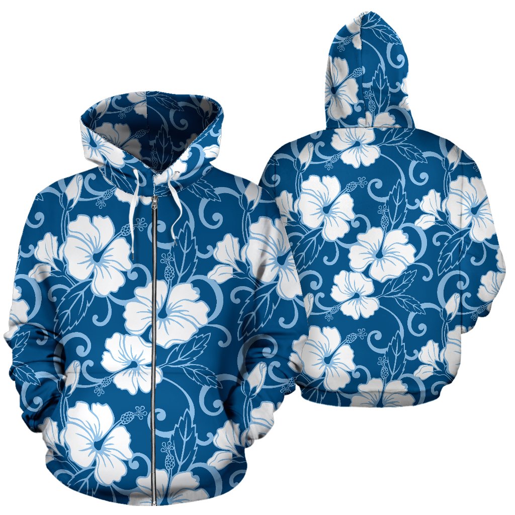 Hibiscus Blue Flower Hawaiian Print All Over Zip Up Hoodie