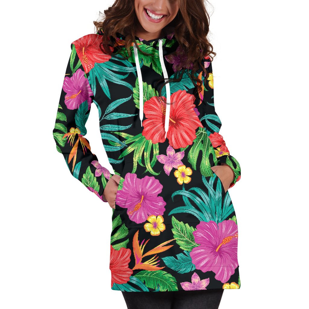 Hibiscus Red Hawaiian Flower Women Hoodie Dress