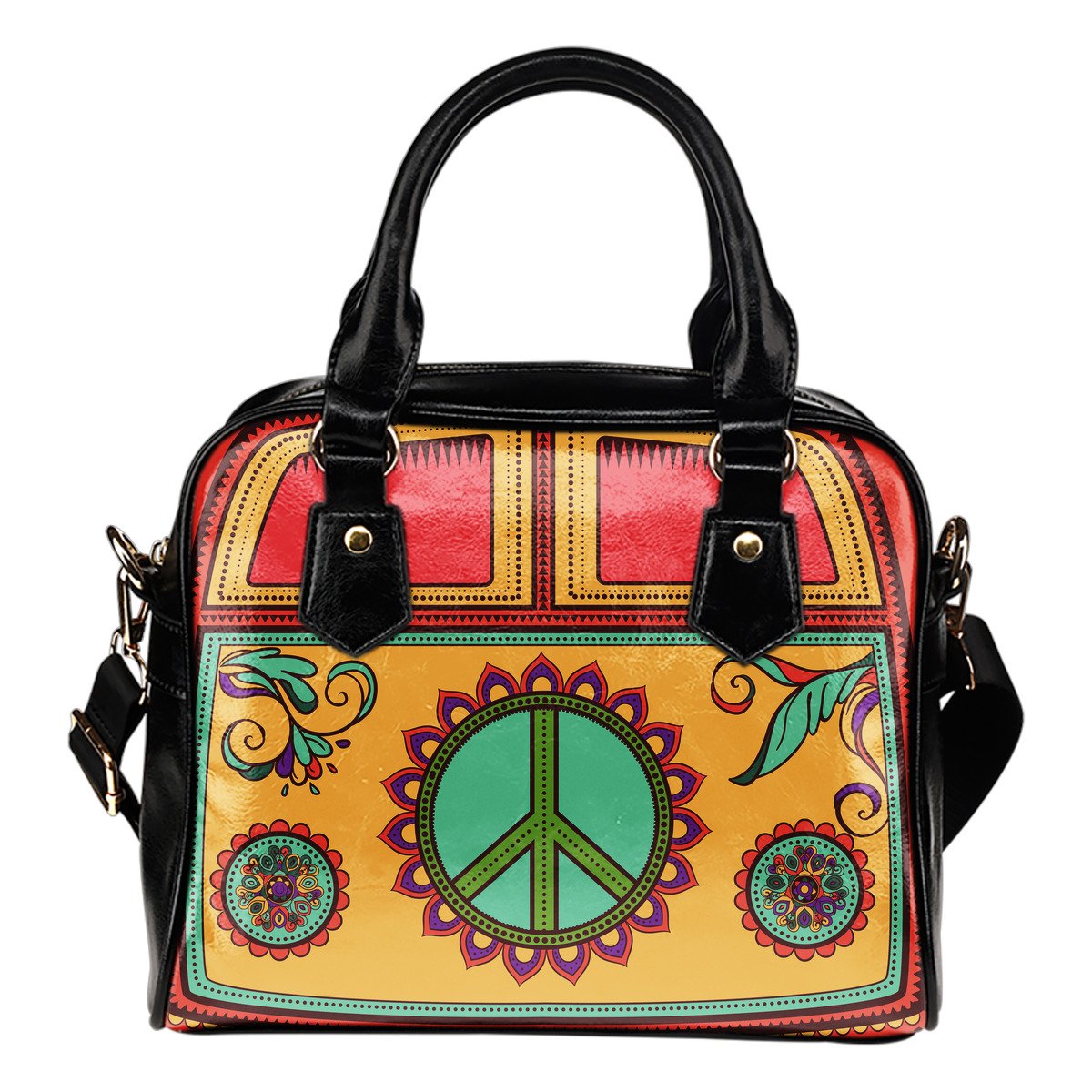 Hippie Van Mandala Leather Shoulder Handbag