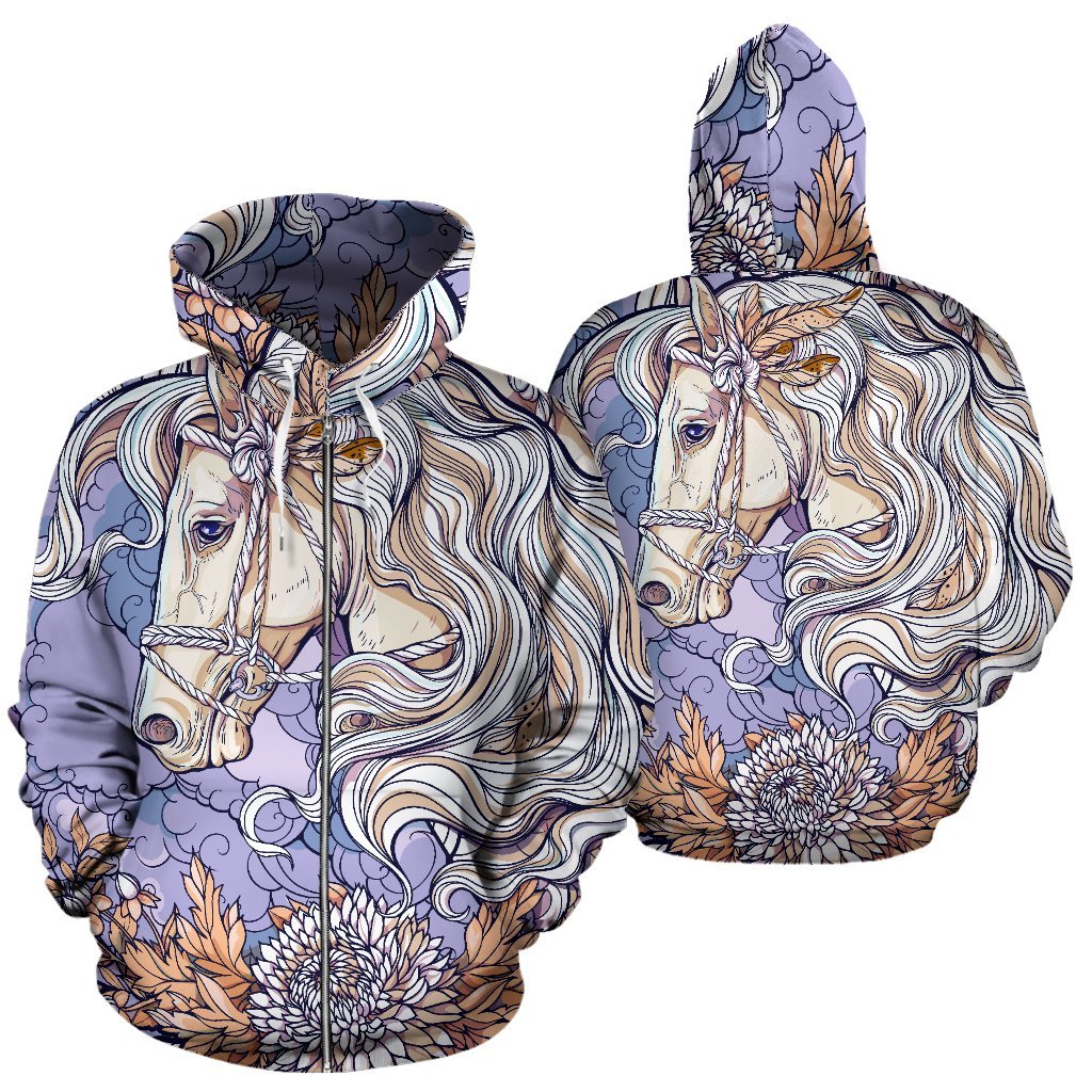 Horse Floral Women Men Zip Up Hoodie