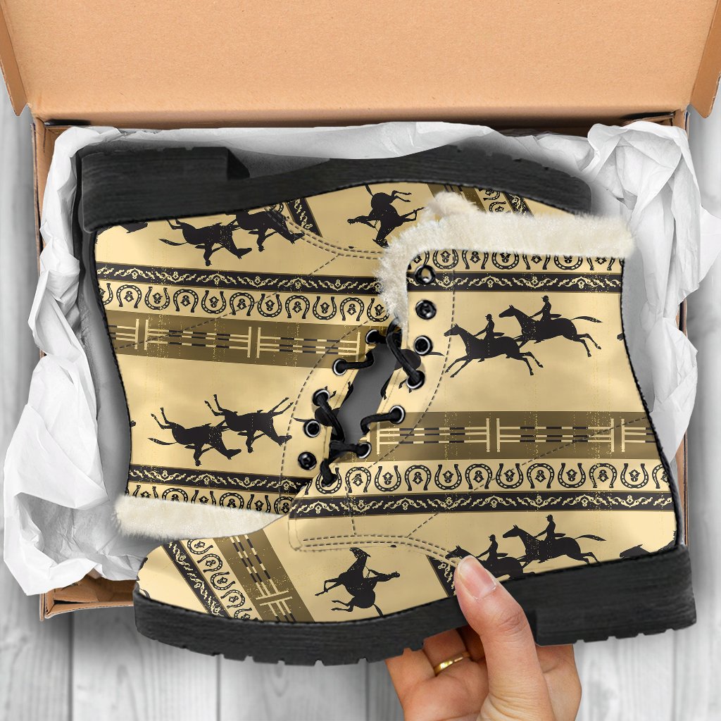 Horse Pattern Print Faux Fur Leather Boots