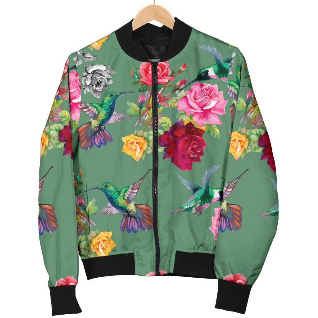 Hummingbird With Rose Themed Print Women Casual Bomber Jacket