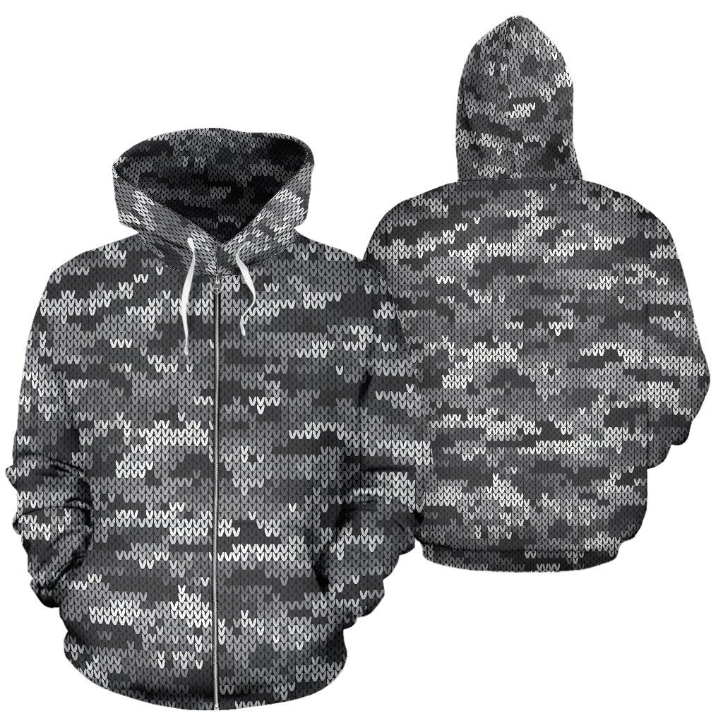Knit Black White Camo Camouflage Print All Over Zip Up Hoodie