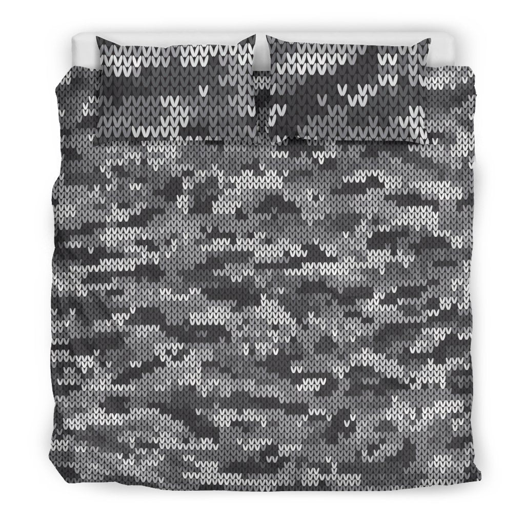 Knit Black White Camo Camouflage Print Duvet Cover Bedding Set