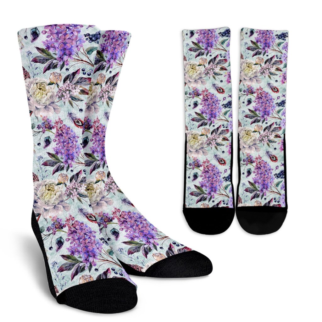 Lilac Pattern Print Design LI06 Crew Socks-JORJUNE.COM