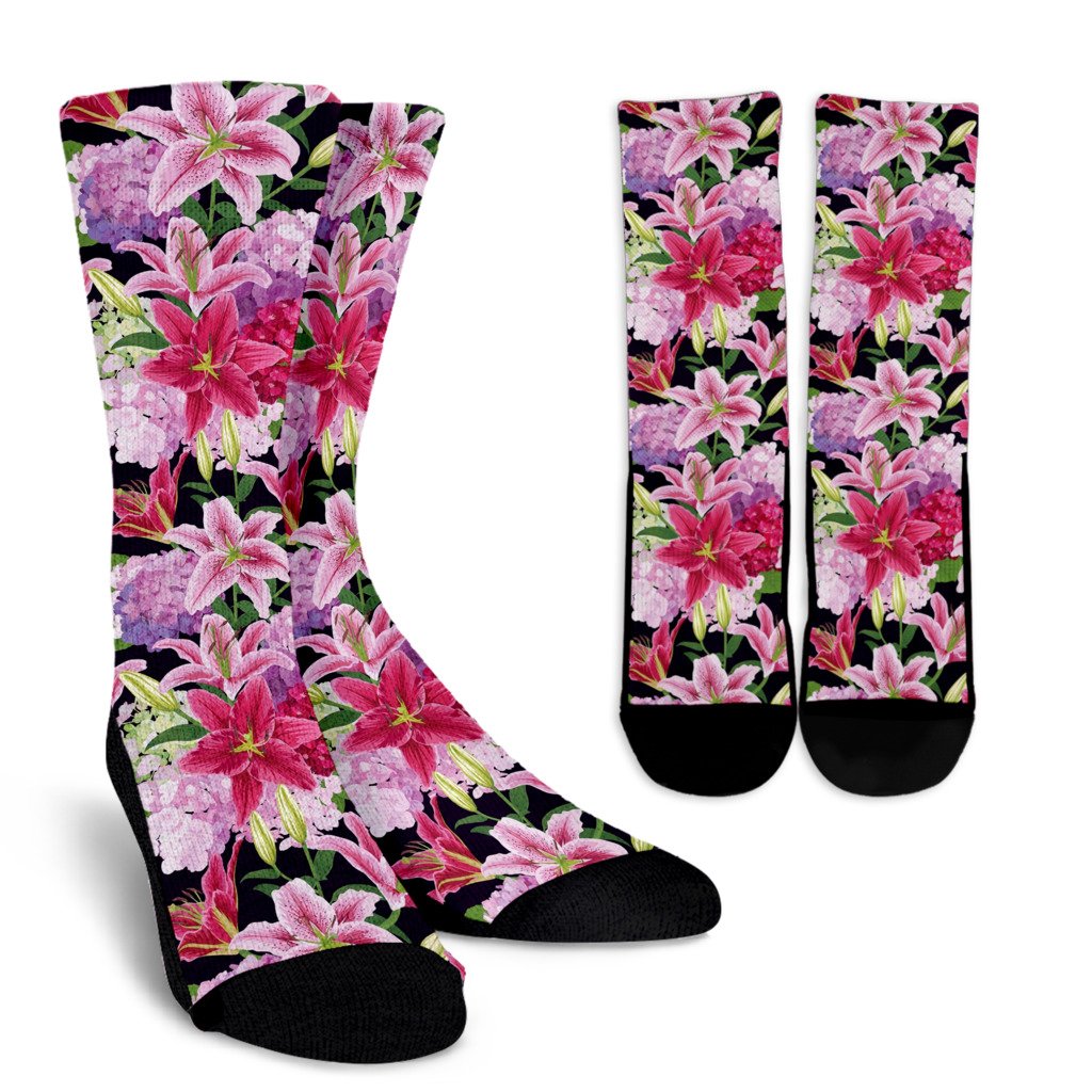 Lily Pattern Print Design LY017 Crew Socks-JORJUNE.COM