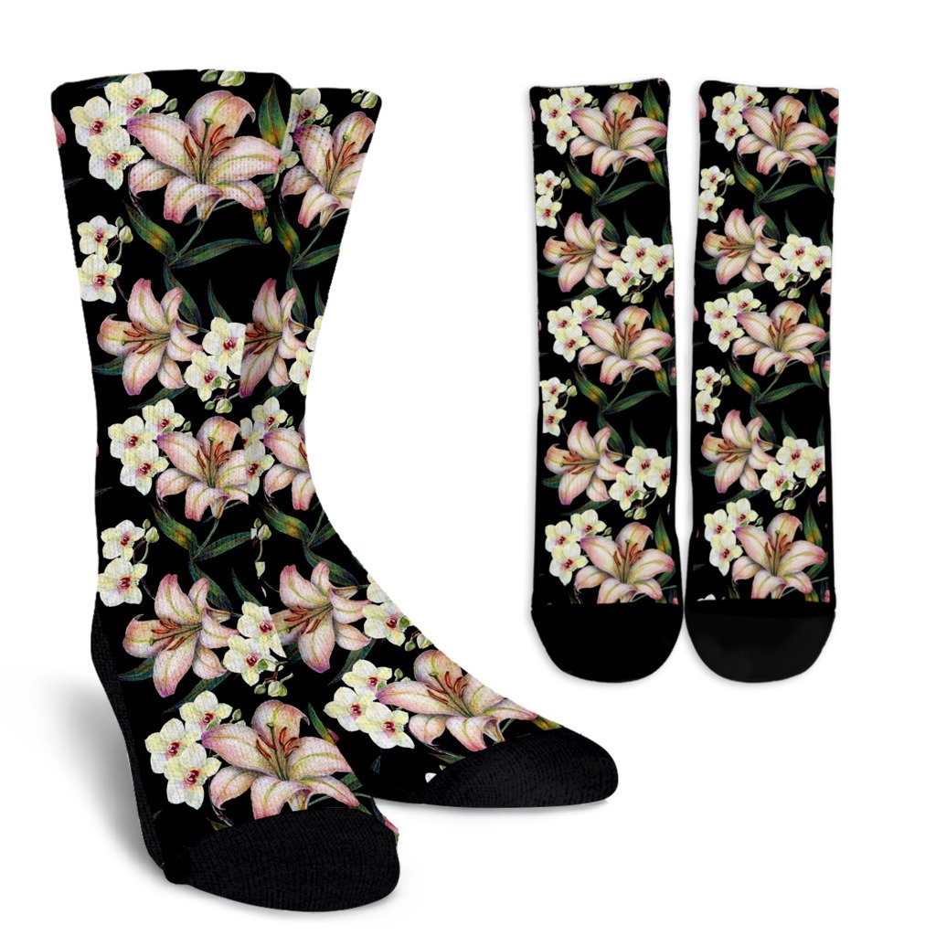 Lily Pattern Print Design LY03 Crew Socks-JORJUNE.COM